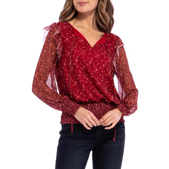 bobeau Tops - BOBEAU Smocked Ruffle Trim Blouse In Rust Ditsy - Medium NWT